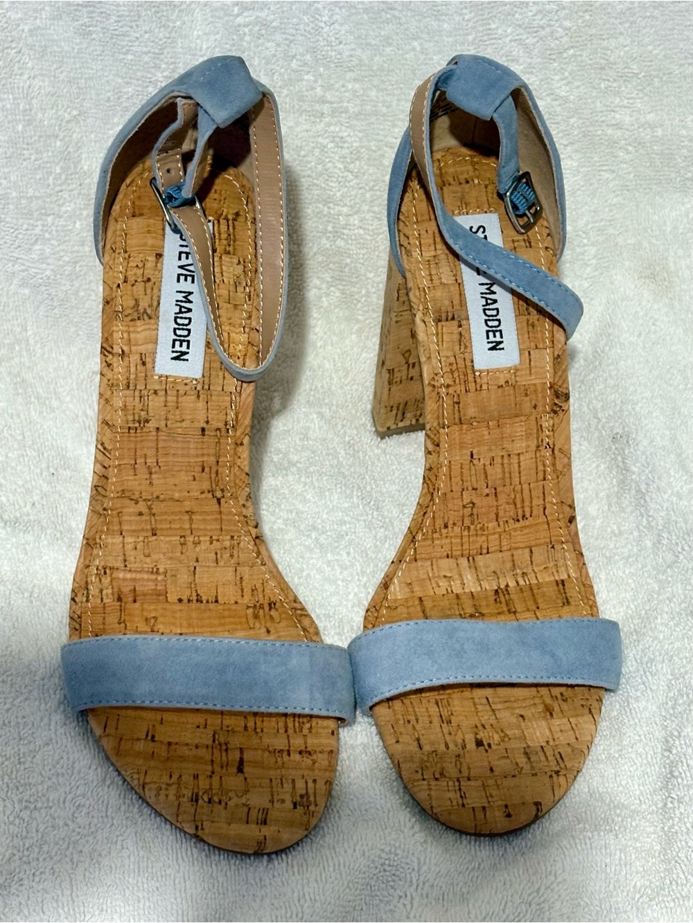 Steve Madden Light Blue Suede Cork Block Heel Sandals